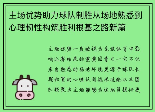 主场优势助力球队制胜从场地熟悉到心理韧性构筑胜利根基之路新篇